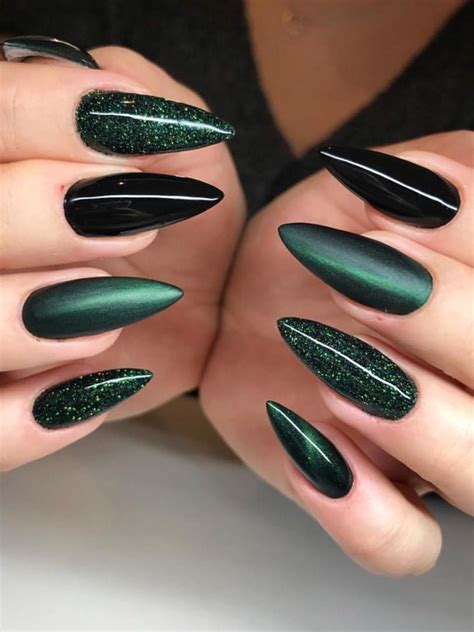 nail art with green and black|dark green acrylic nail designs.